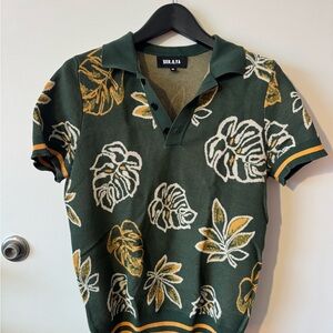 SER.O.YA Dark Green and Gold Floral Polo